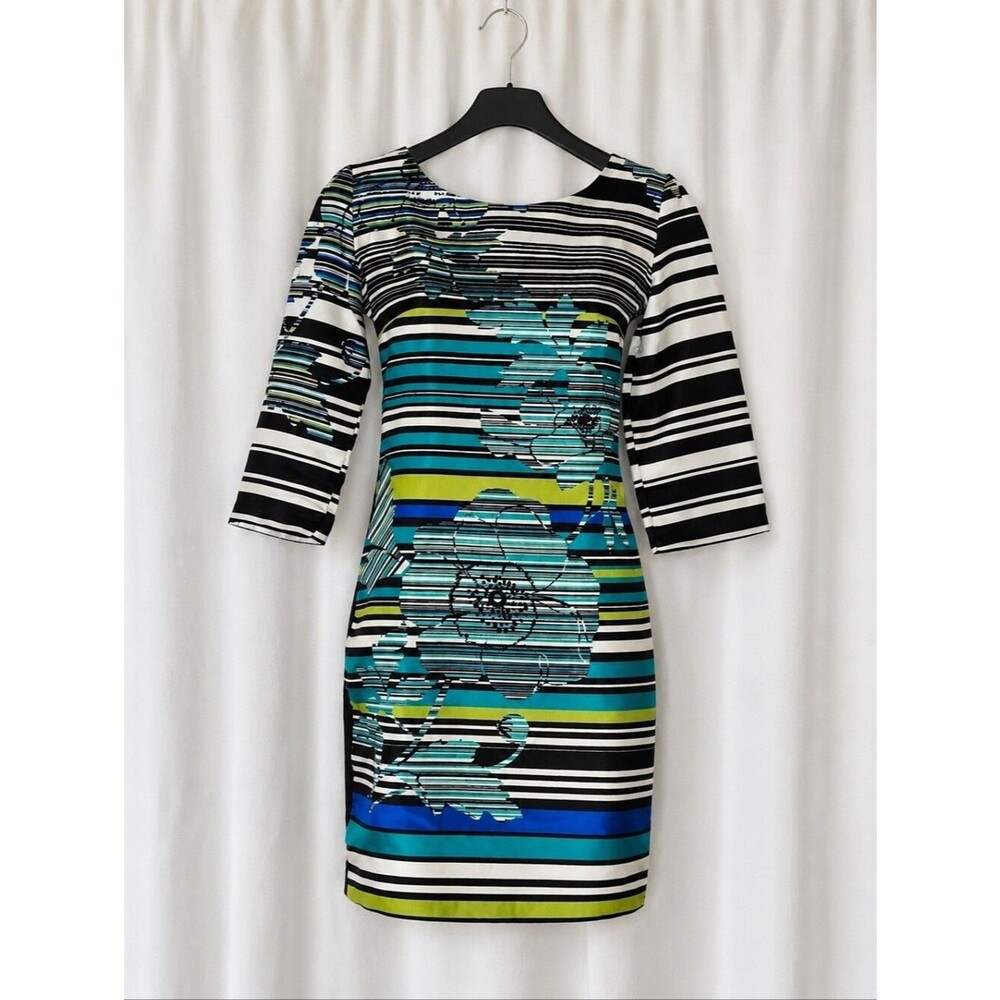 Rinascimento Italian Silk Turquoise Lime Abstract Floral Stripe Sheath Dress